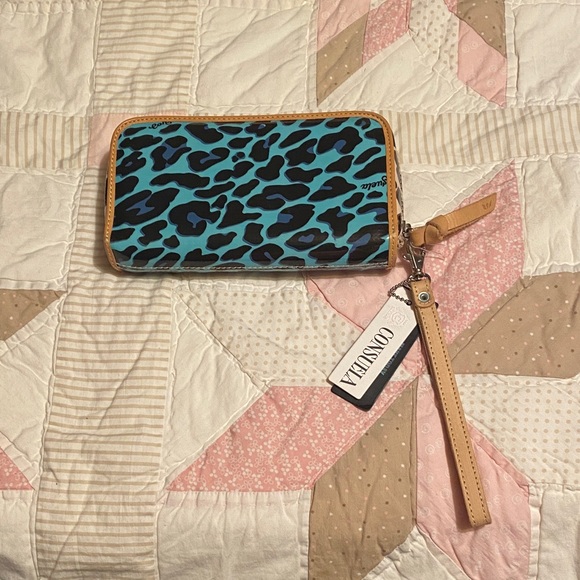 Retired Consuela Mona Turquoise and Black Leopard Wristlet New - Picture 2 of 4